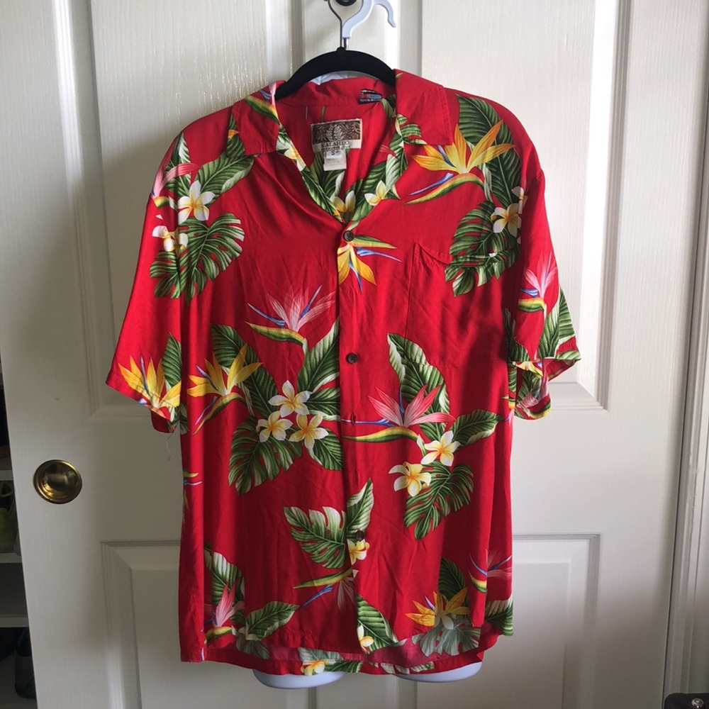 RJC Kalaheo Hawaiian Shirt Birds of Paradise Red Rayon Made in Hawaii Size S